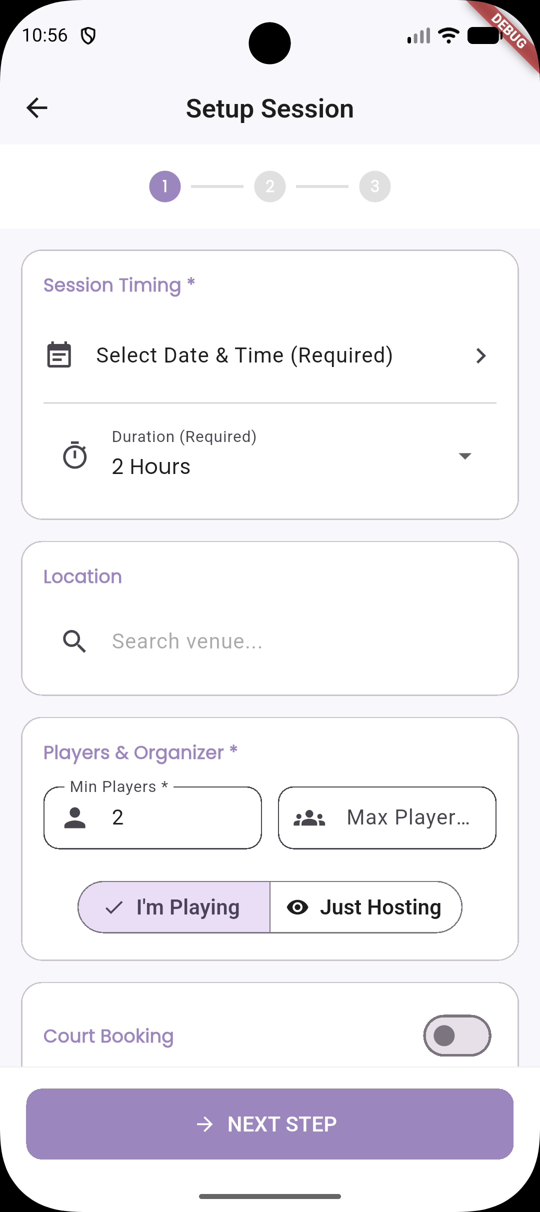 Appminton session scheduling screen